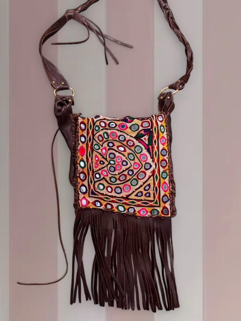 Brown leather fringe crossbody bag with colorful embroidery